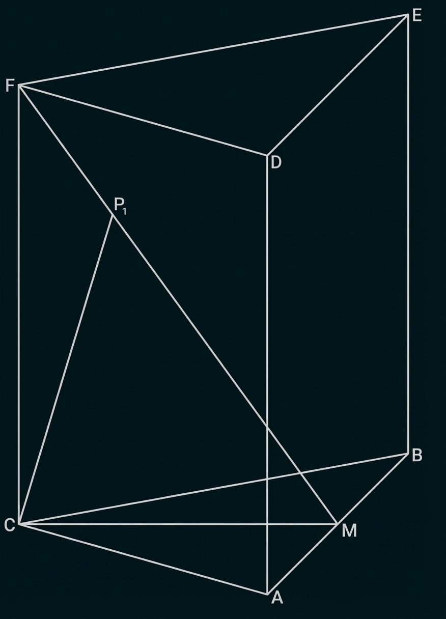 Draufsicht einer Quader-Skizze mit Punkten A–F, diagonalen und Verbindungsstrecken, markierten Punkten P1 und M.